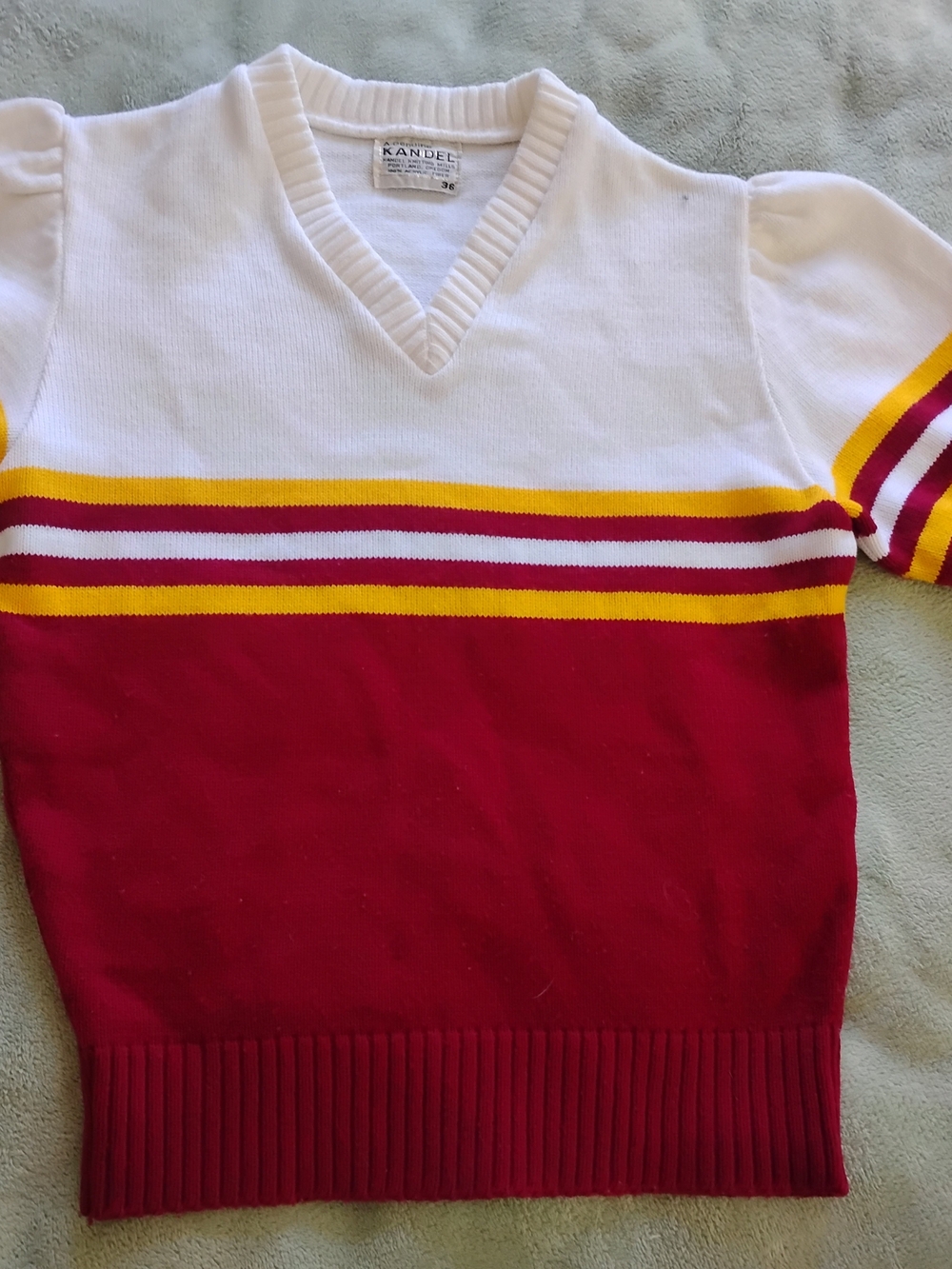 Vintage V-Neck Cheer Sweater - White & Red with Yellow Stripes